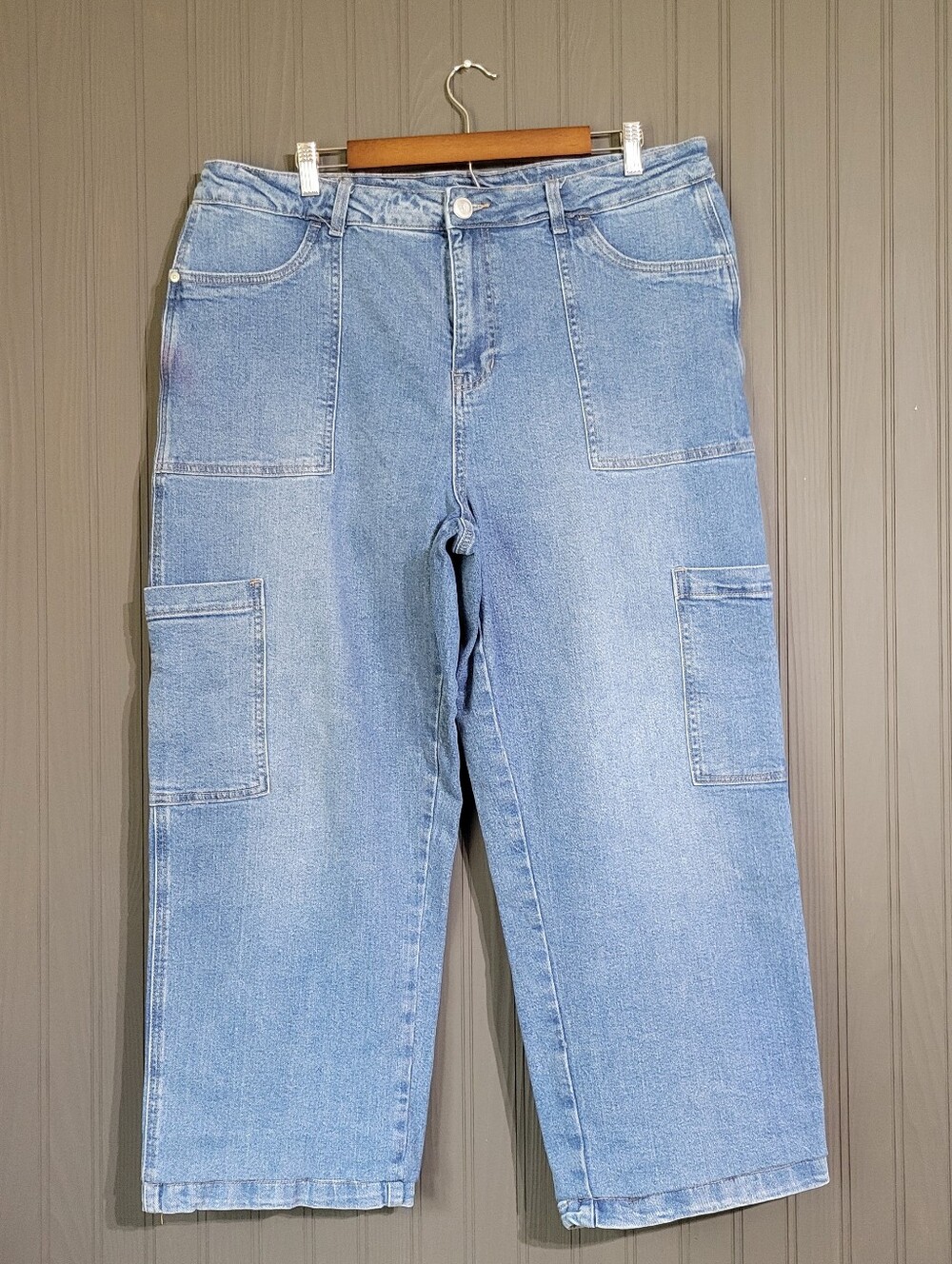 AND NOW THIS Wide Leg Cargo Denim Jeans Baggy Light Wash Blue Women's Plus 18W